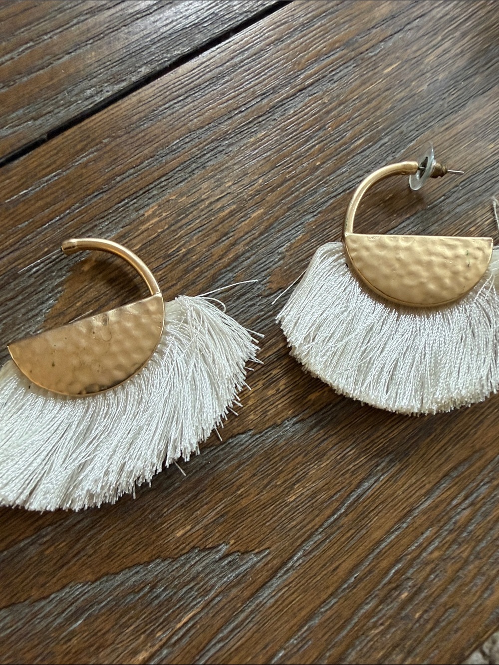Gold Half-Moon Hoop Earrings with Cream Fringe